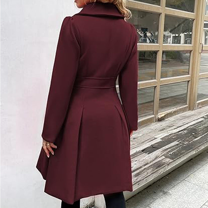 Women Fall and Winter Turndown Collar Double-Breasted Pocket Windbreaker 40