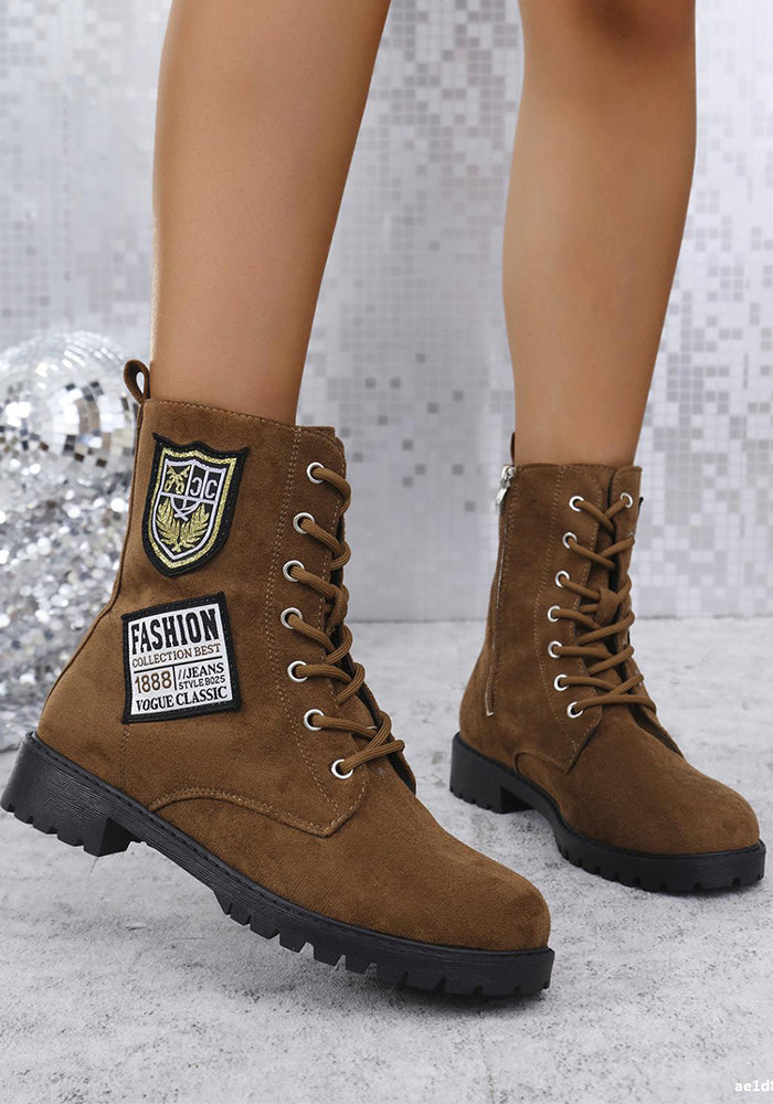 Winter Thick Sole Lace-Up Low Heel Decorated Martin Boots Women's Shoes