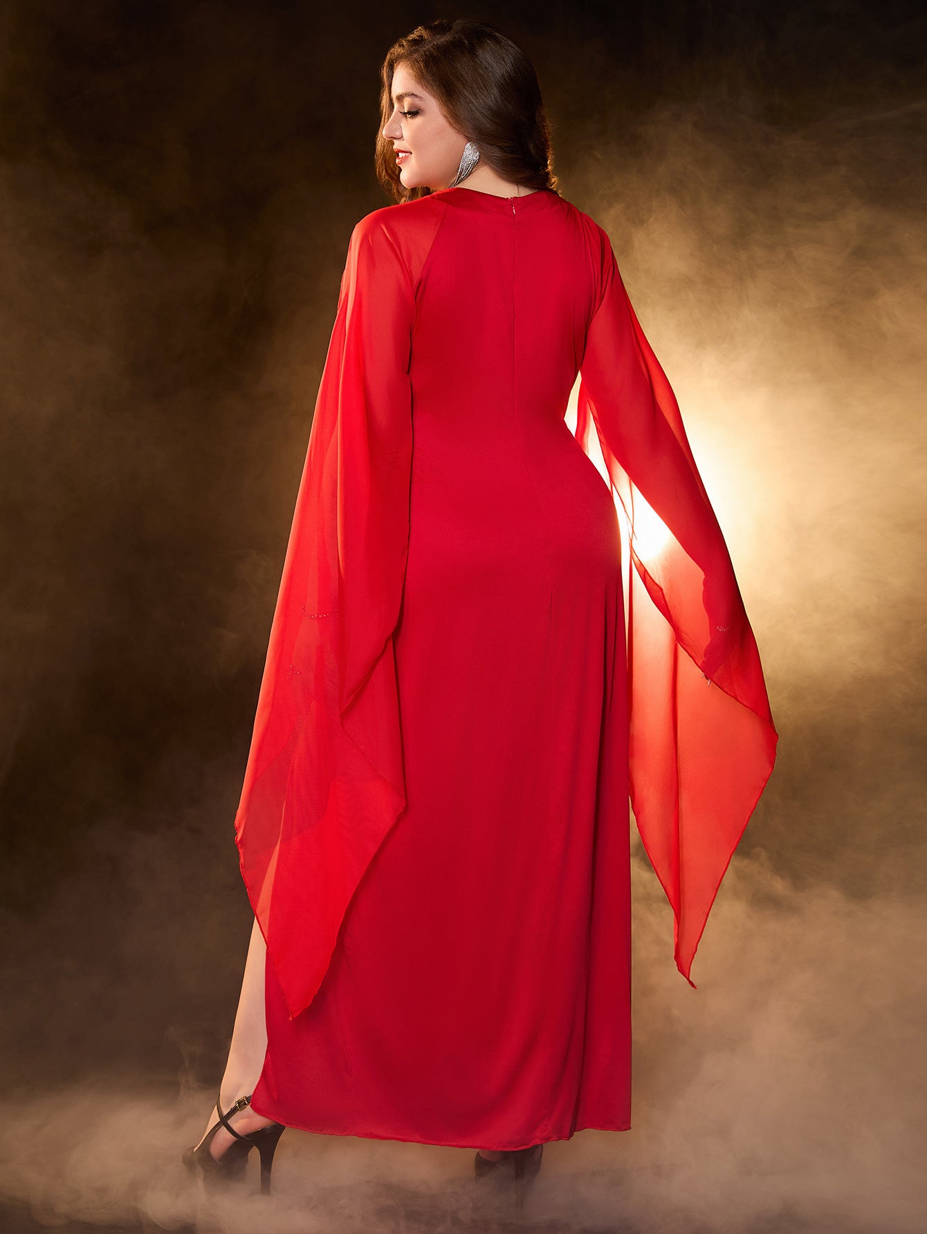 Women Solid Plus Size Shawl Sleeve Elegant Maxi Slit Evening Dress 5