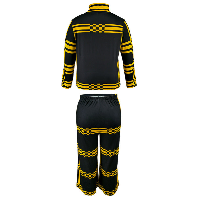 Plus Size Women Stand Collar Striped Long Sleeve Top and Straight Pants Two-piece Set 9