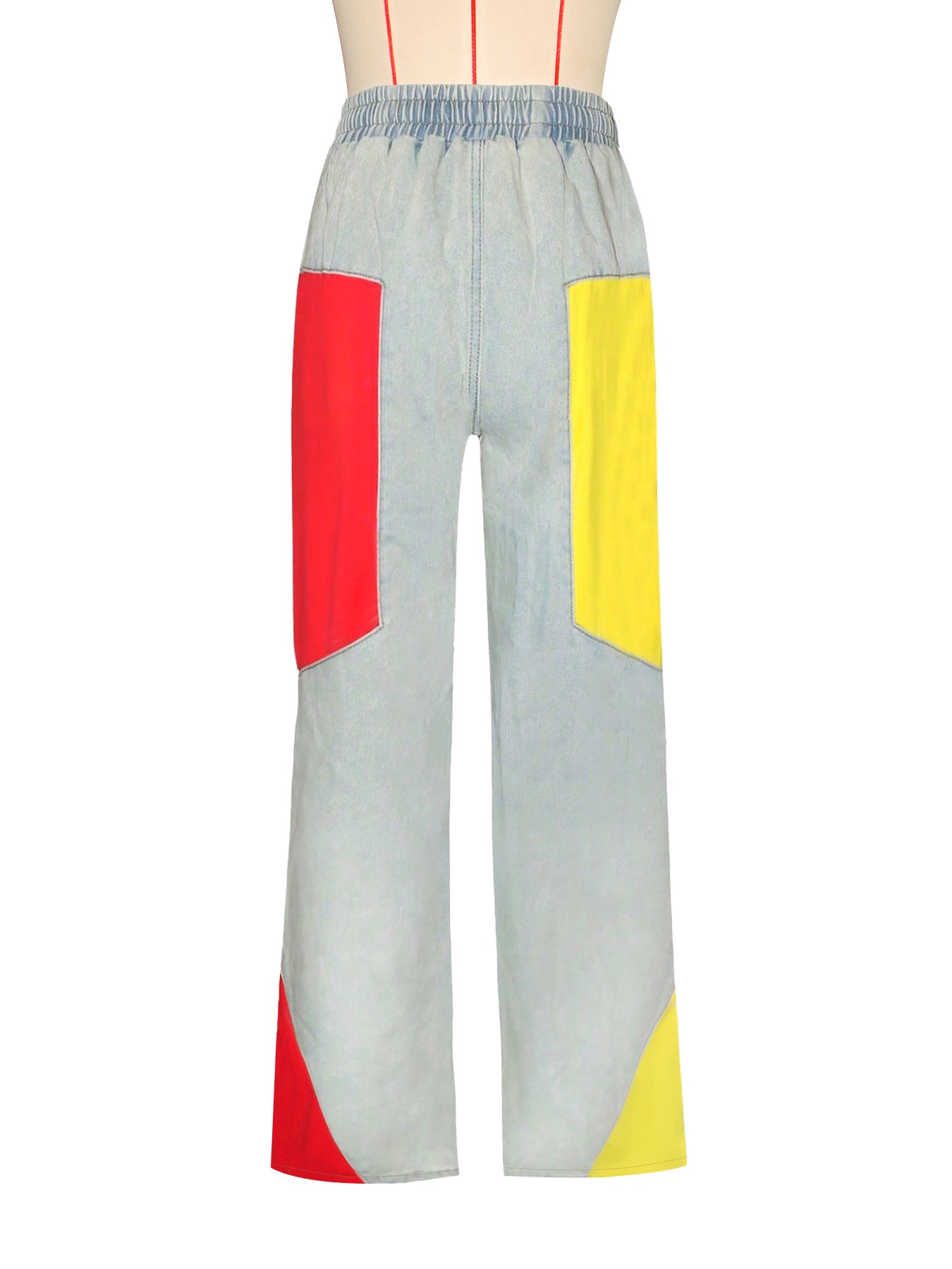 Women's Casual Drawstring High-Waist Contrast Patchwork Gradient Denim Pants 13