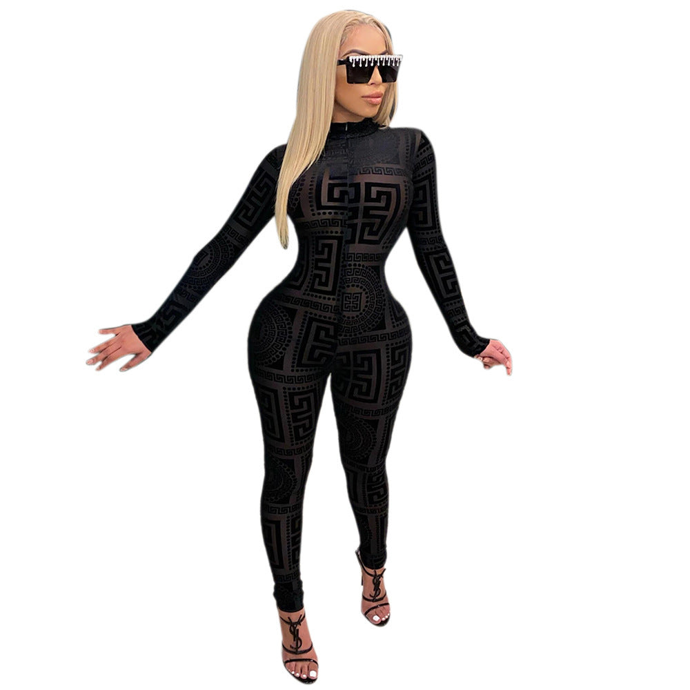 Women Style Printed Mid-High Neck Long Sleeve Jumpsuit