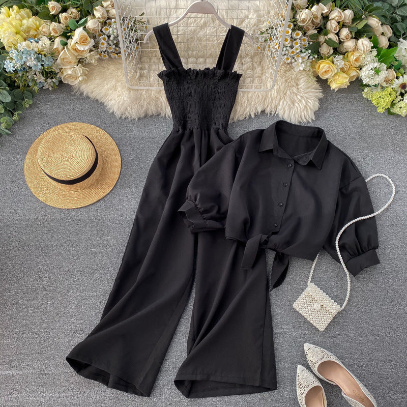 Women Holidays Stand Collar Short Sleeve Shirt and Suspender pleated wide-leg jumpsuit two-piece set 9