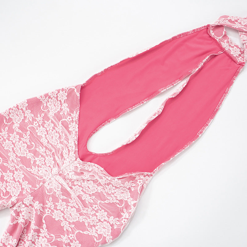 Women Spring and Summer Lace Halter Neck Lace-Up Hollow Backless Jumpsuit 16