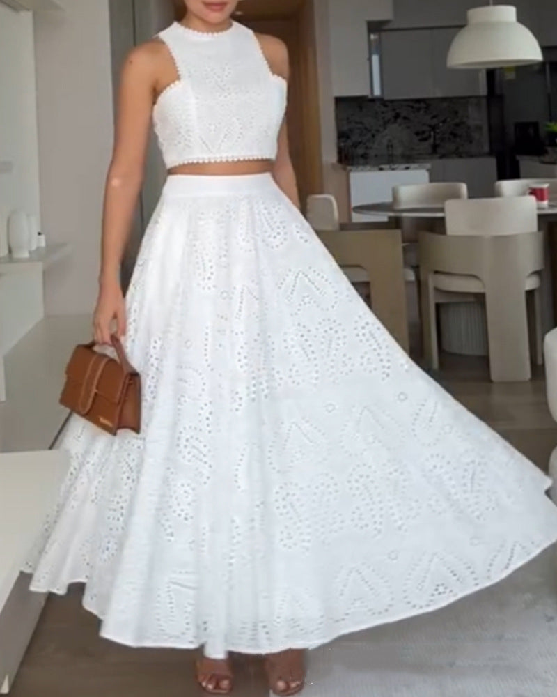 Women White Lace Sleeveless Crop Top and Skirt Two-Piece Set