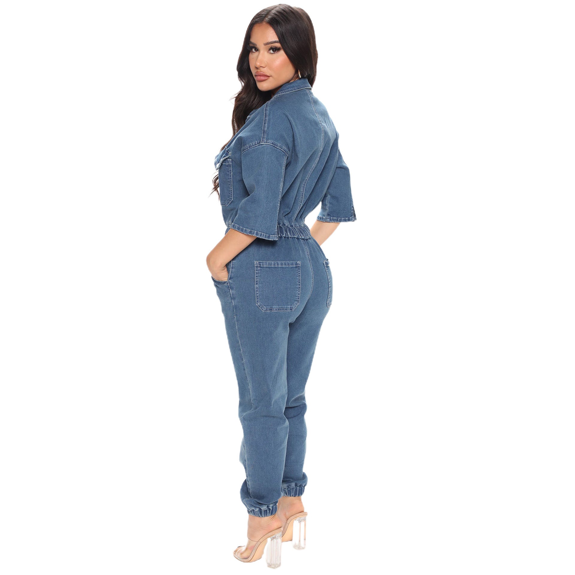Women Casual Pocket Half Sleeve Denim Jumpsuit 4