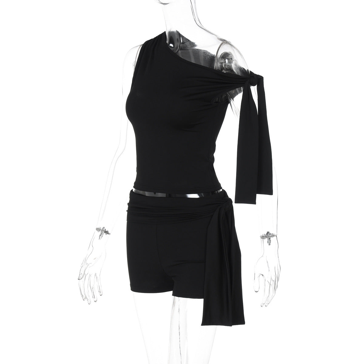 Women's Summer Solid-Color Slash-Shoulder Sleeveless Top with Lace-Up Slim Shorts Two-Piece Set 6