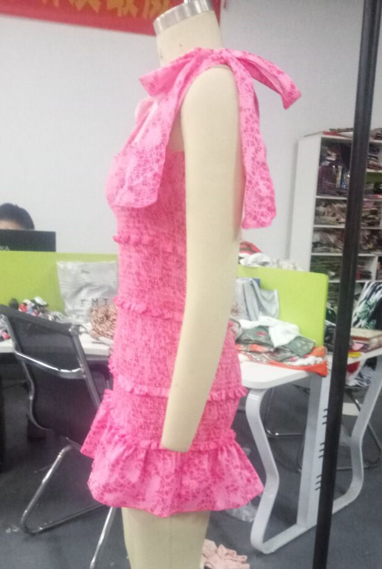 Summer Casual Pink Ruffles Knotted Strap Mini Sundress 5