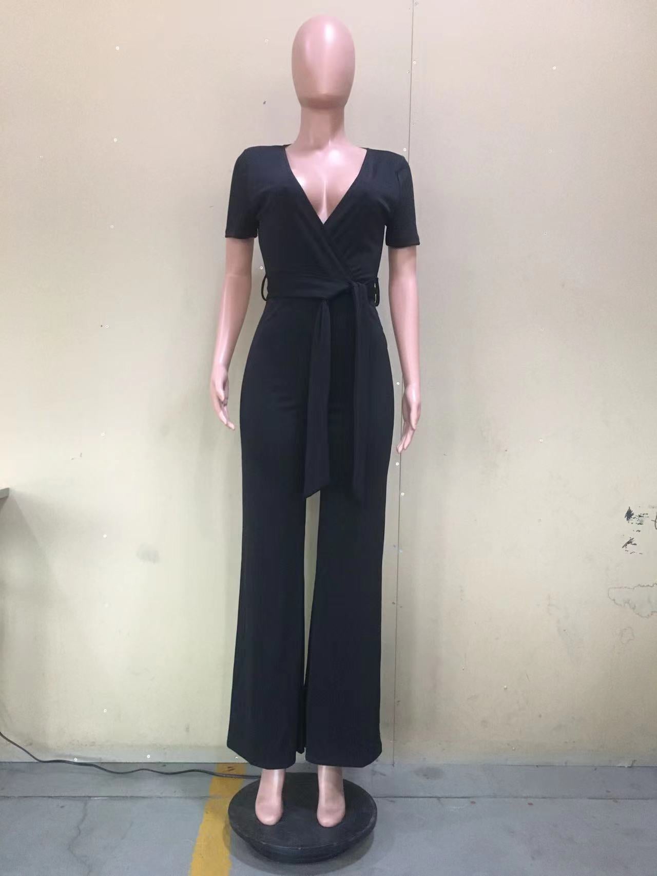 Summer Short Sleeve Wrap V-Neck Solid Loose Jumpsuit 12