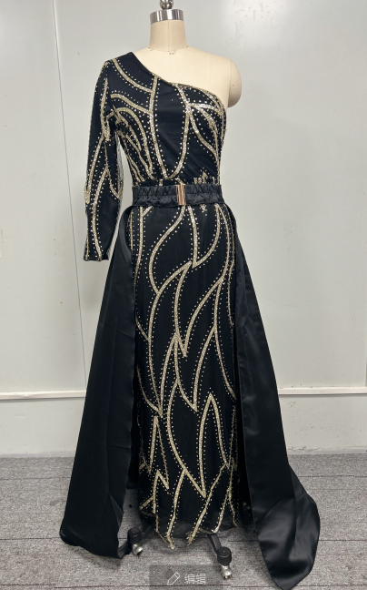 Solid Sequined Slash shoulder Formal Party Long Evening Gown 15