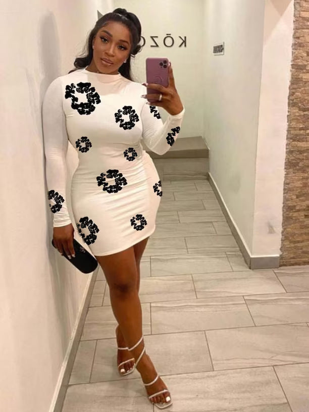 Women Long Sleeve Bodycon Sexy Print Dress 4