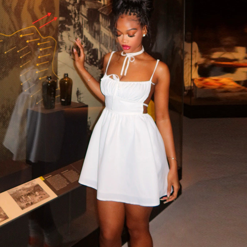 Women Pleated Solid Color Low-Back Lace-Up A-Line Short Dress 3