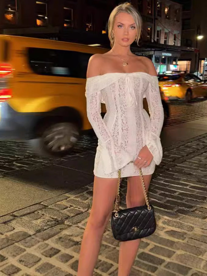 Women Off Shoulder Lace Long Sleeve Bodycon Dress 4