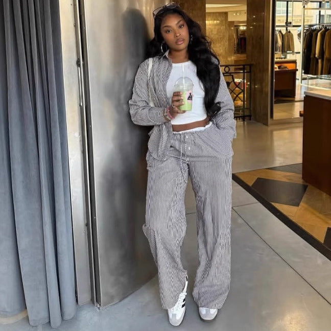 African Women long-sleeved striped shirt and contrasting wide-leg pants casual two-piece set 5