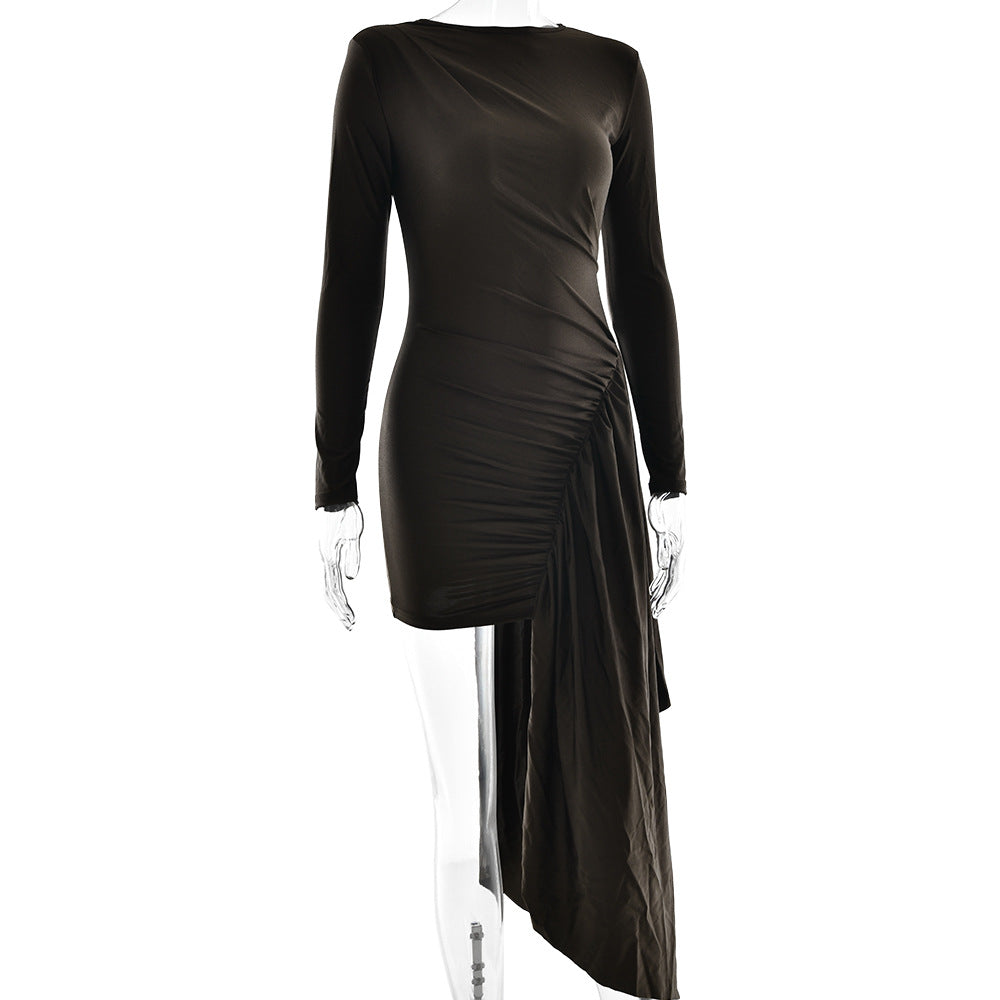 Elegant Round Neck Long Sleeve Pleated Ribbon Bodycon Dress 6