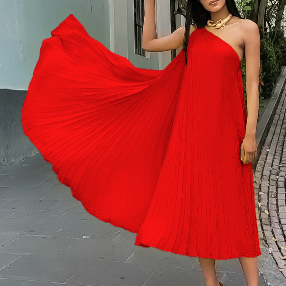 Women Elegant Solid Pleated Sleeveless Slash Shoulder Dress 7