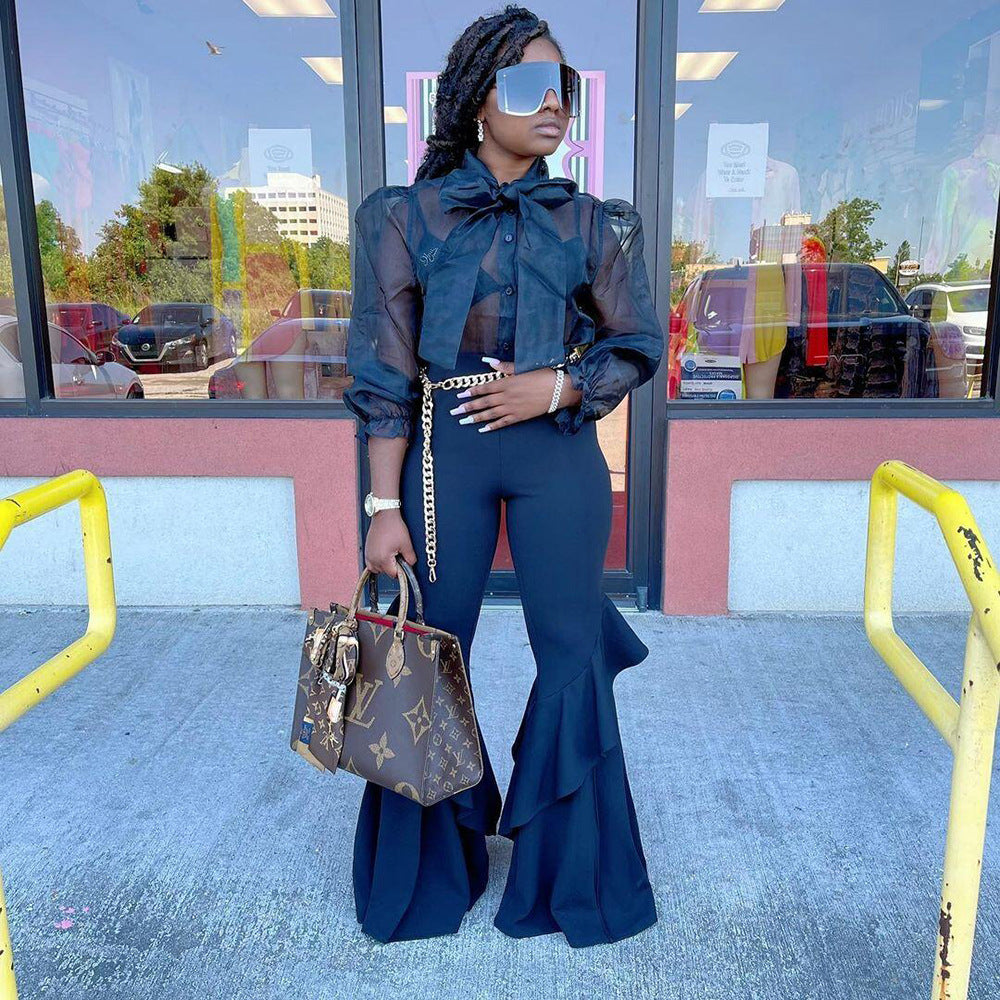 Sexy Mesh Tops Bell Bottom Pants Women's Casual Two Piece Set 3