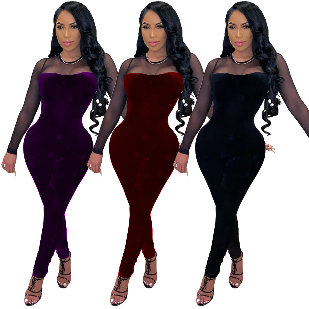Women Sexy Solid Mesh Patchwork Zip Jumpsuit 8
