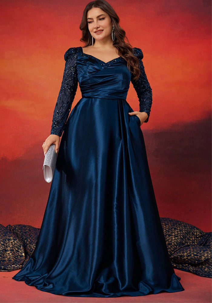 Plus Size Women Sequin Patchwork V-neck Long Sleeve Evening Dress