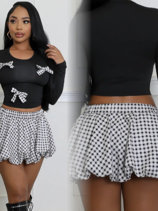 Women's Long-Sleeve Knit Top & Plaid Bubble Skirt Fashion Set 11