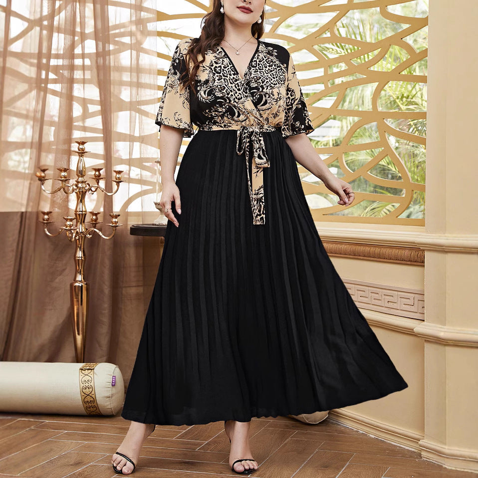 Plus Size Women Waist tie print sexy v-neck Patchwork short sleeve Dress 6