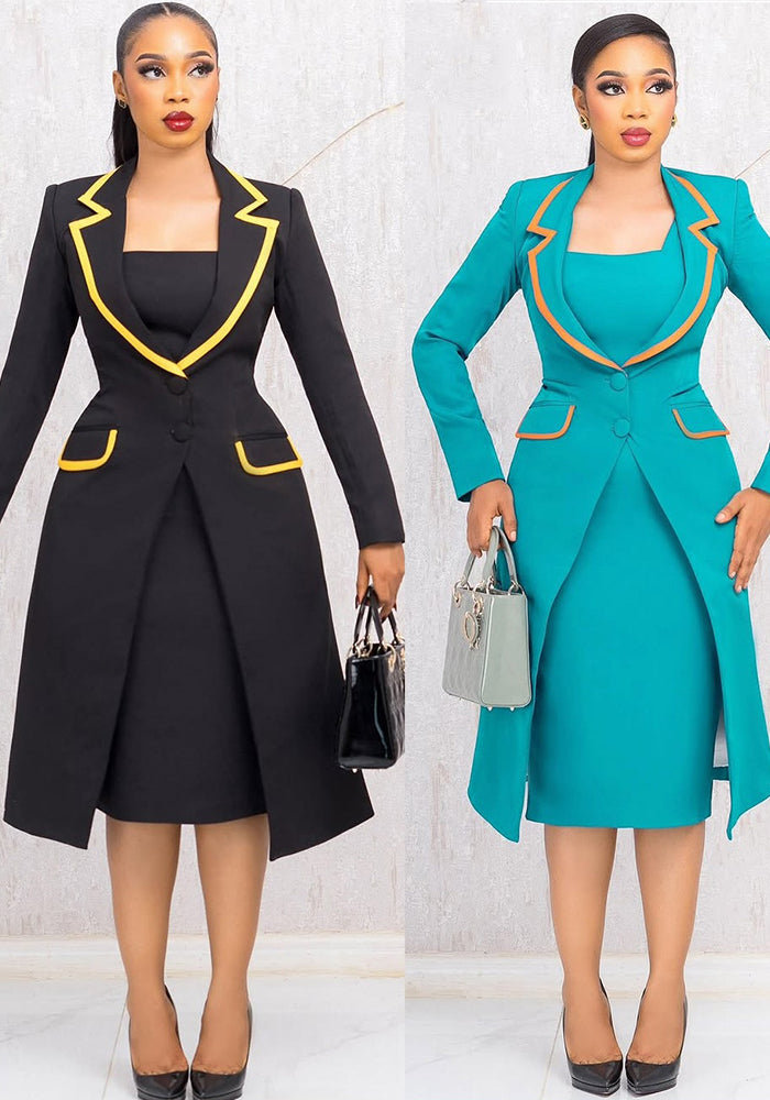 Women Elegant Turndown Collar Stretchy Blazer Dress Two-Piece Set