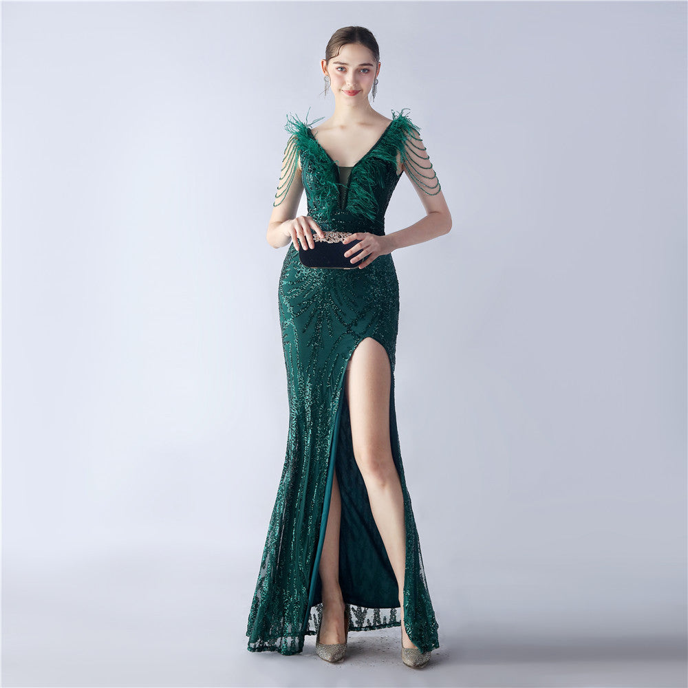 Elegant Feather And Beaded Long Sequined Evening Dress 4