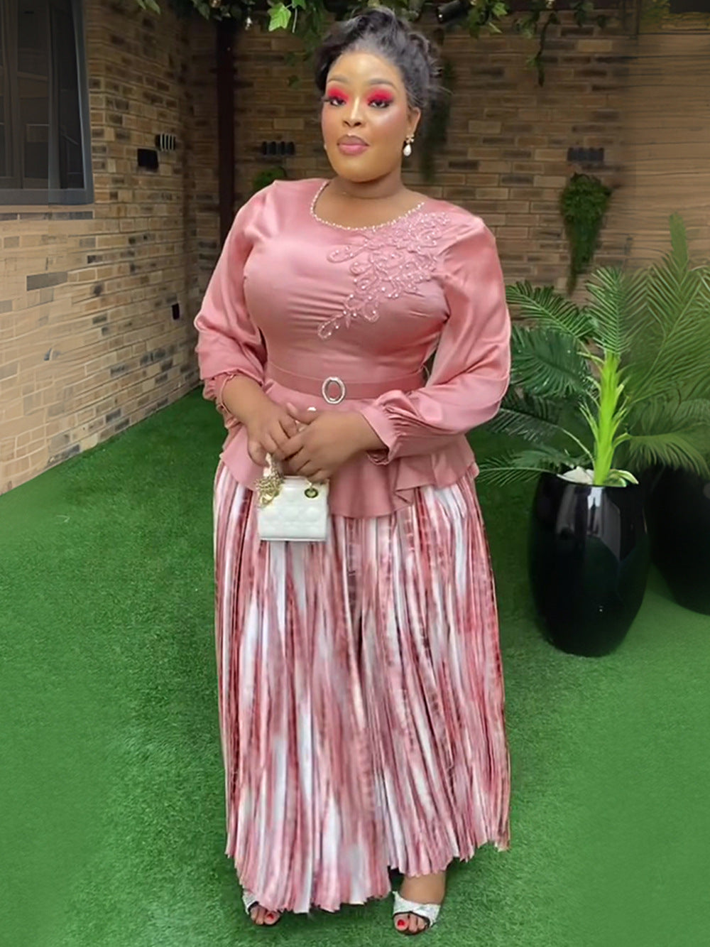 African Women's Plus Size Embroidered Beaded Chic Career Two Piece Pleated Skirt Set 5