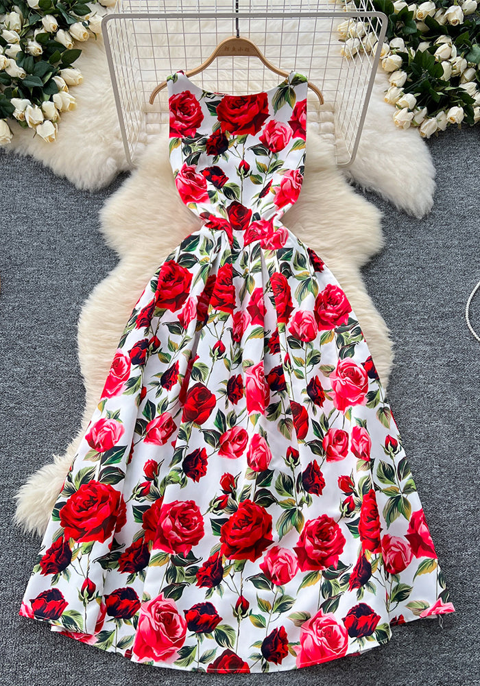 Fashion Printed Round Neck Slim Waist Pleated Flare Sleeveless Mini Dress