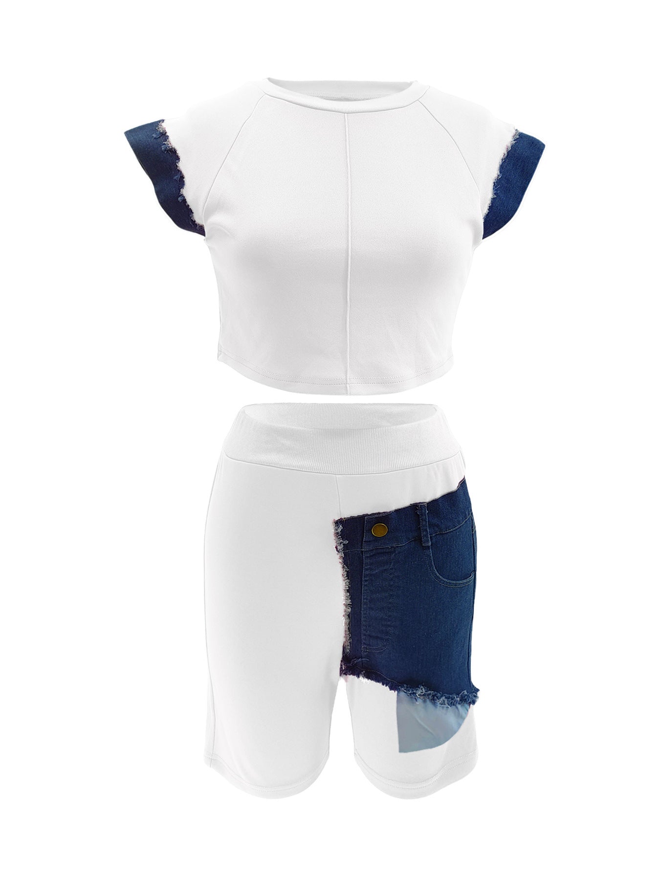 Women Casual Denim Patchwork Short-sleeved Top and Shorts Two-piece Set 13