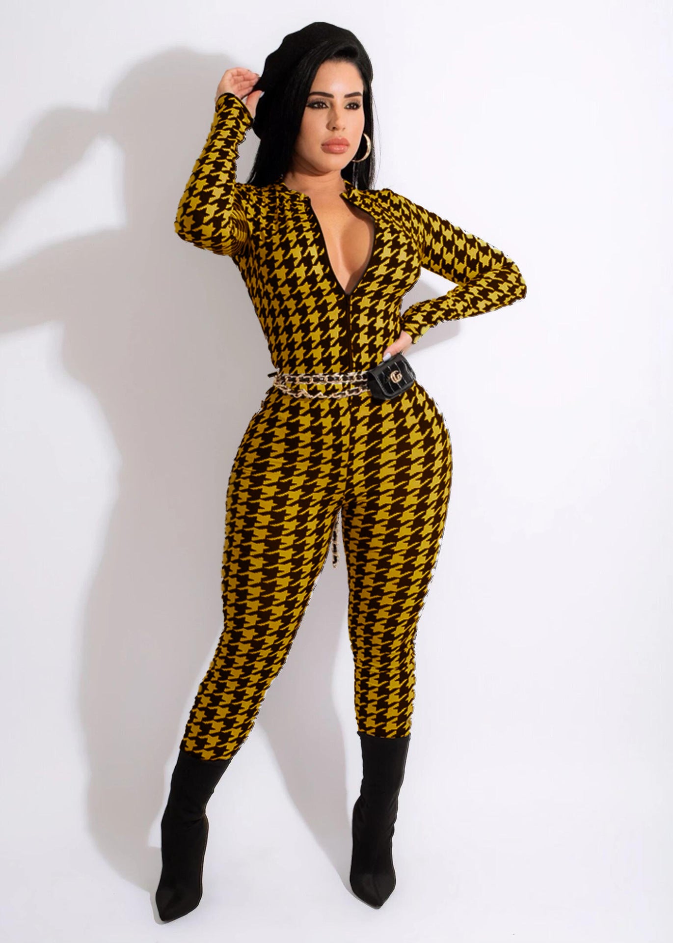 Spring Women's Plaid Print Round Neck Zipper Casual Jumpsuit 3