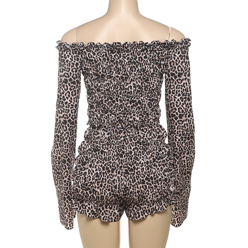 Women Sexy Lace Leopard Long Sleeve Top And Pleated Shorts Two-piece Set 6