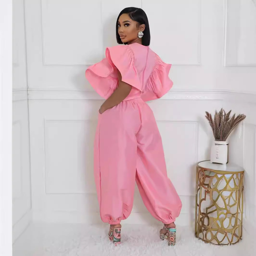 Women Ruffle Edge Sleeve Lace-Up Top and Elastic Pants Two-piece Set 6