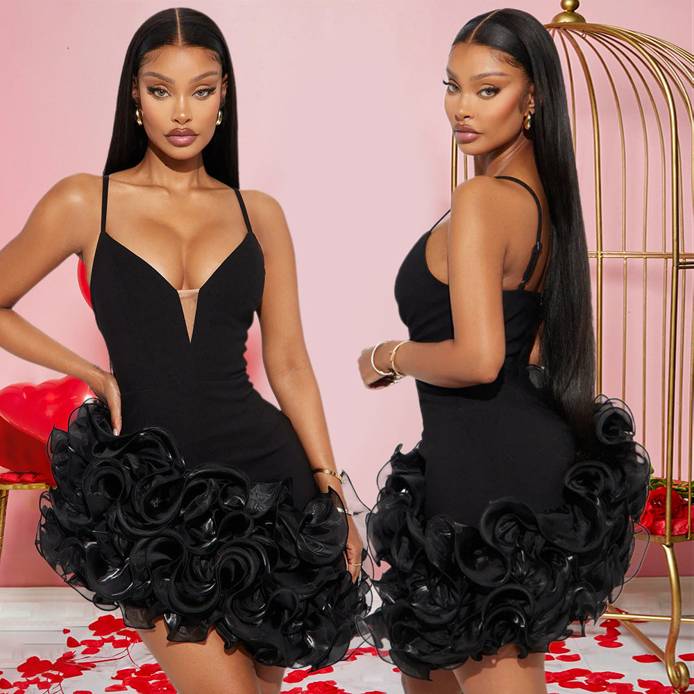 Women Sexy Strapless Solid Lotus Lace Irregular Dress