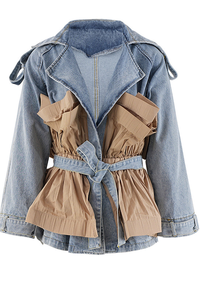 Women's Autumn Ruffle Contrast Color Patchwork Belt Turndown Collar Denim Jacket