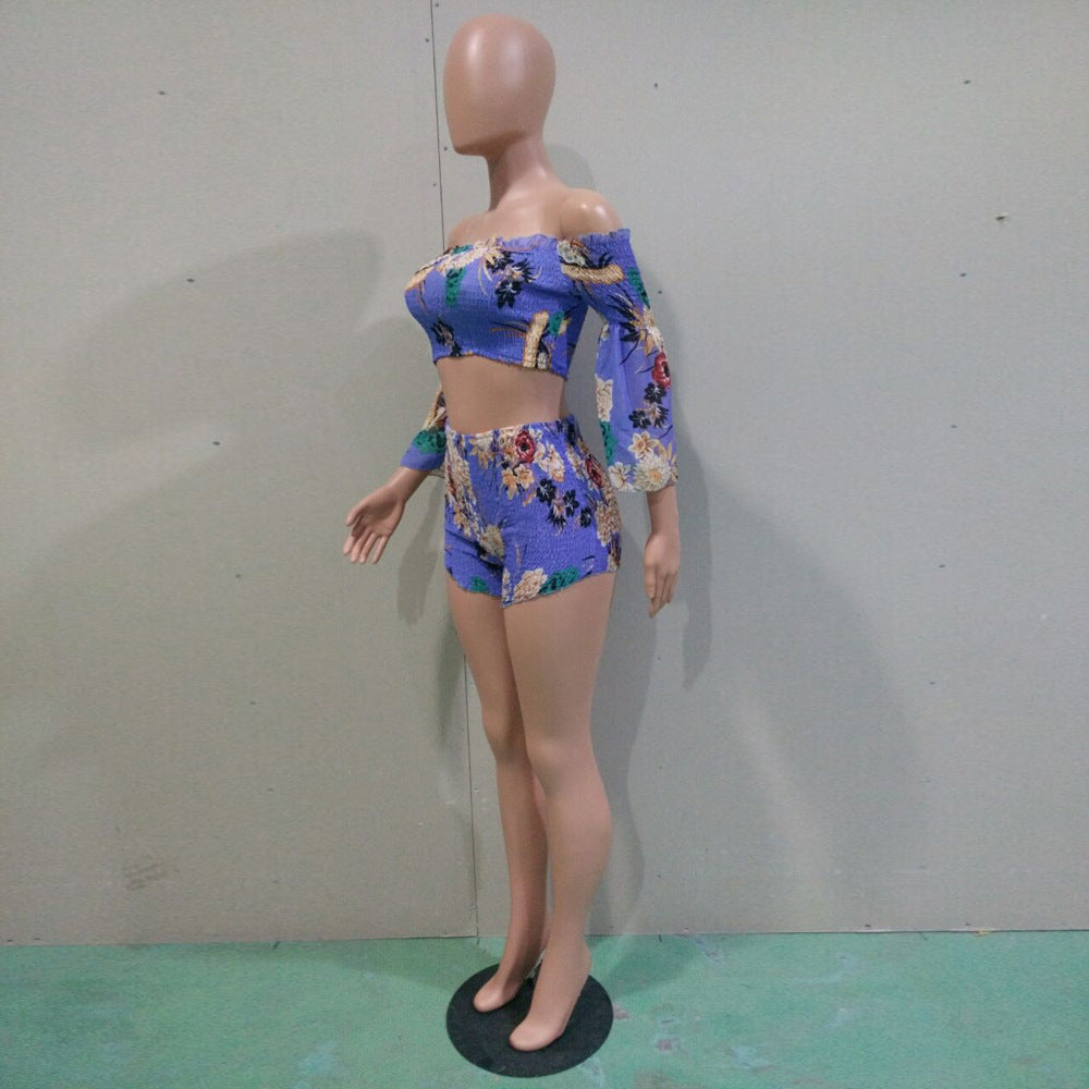 Women's Fashion Print Off Shoulder Bell Bottom Sleeve Two-Piece Set 19