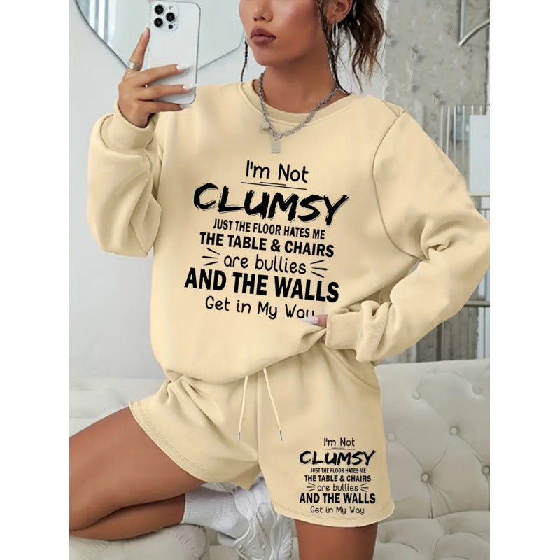 Women Round Neck Long Sleeve Top and Shorts Casual Two-piece Set 7