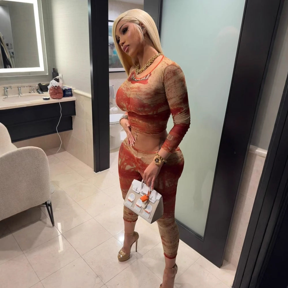 Women Spring Mesh Printed Round Neck Long Sleeve Top and Pants Two Piece Set 3