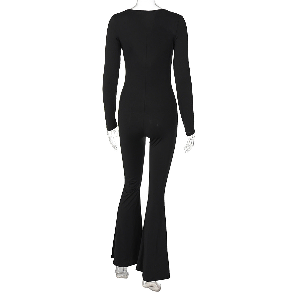 Women Solid long-sleeved v-neck Bell Bottom Jumpsuit 6