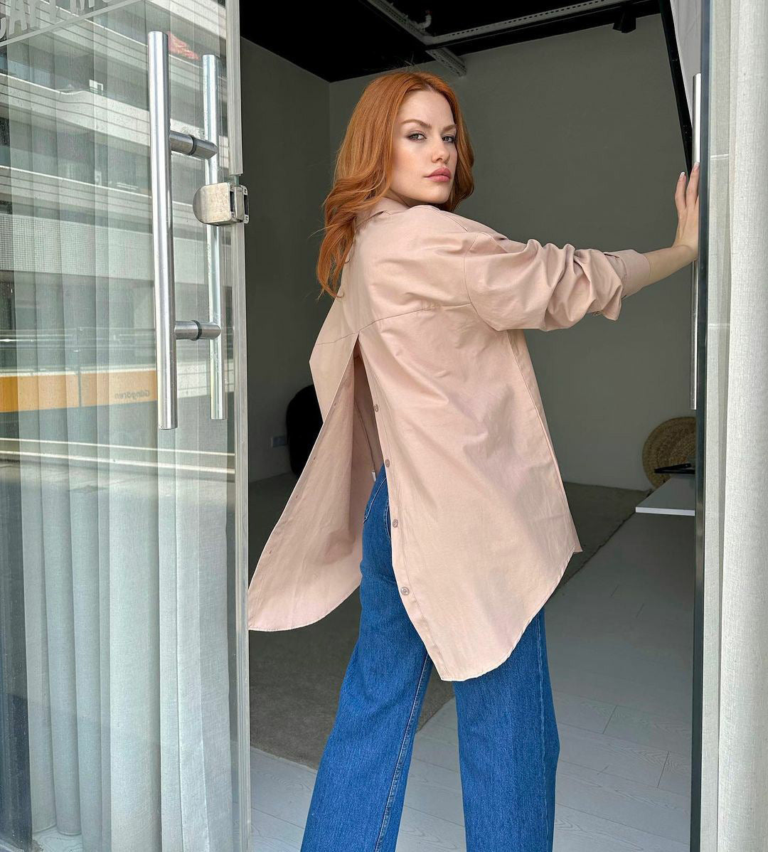 Women Solid Style Long Sleeve Back Slit Loose Shirt 4