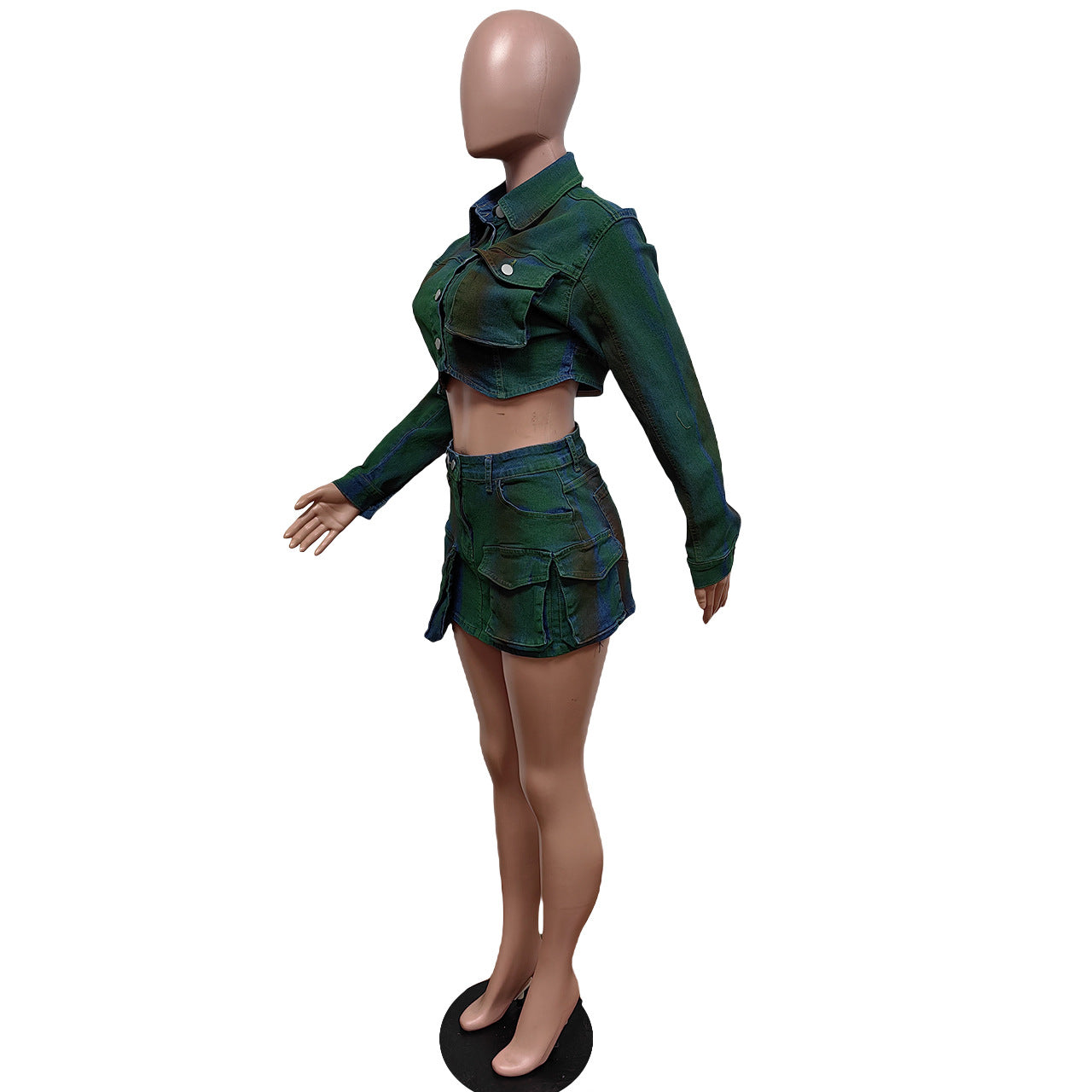 Fashionable Denim Painted Stretch Two Piece Skirt Set 10