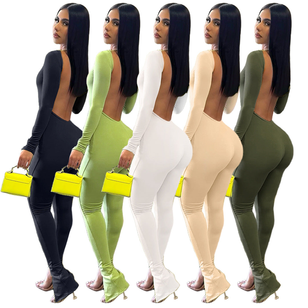 Women Sexy Thumb Sleeves Solid Backless Bell Bottom Jumpsuit 7