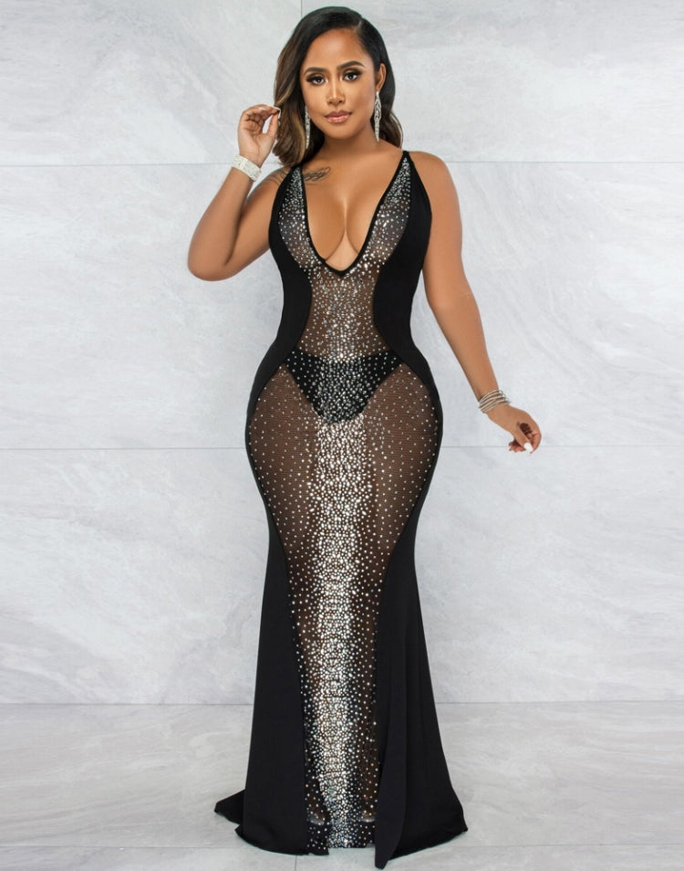 Spring Women Sexy Black Rhinestone Beaded See Through Plunge V-neck Straps Mermaid Evening Dress 4