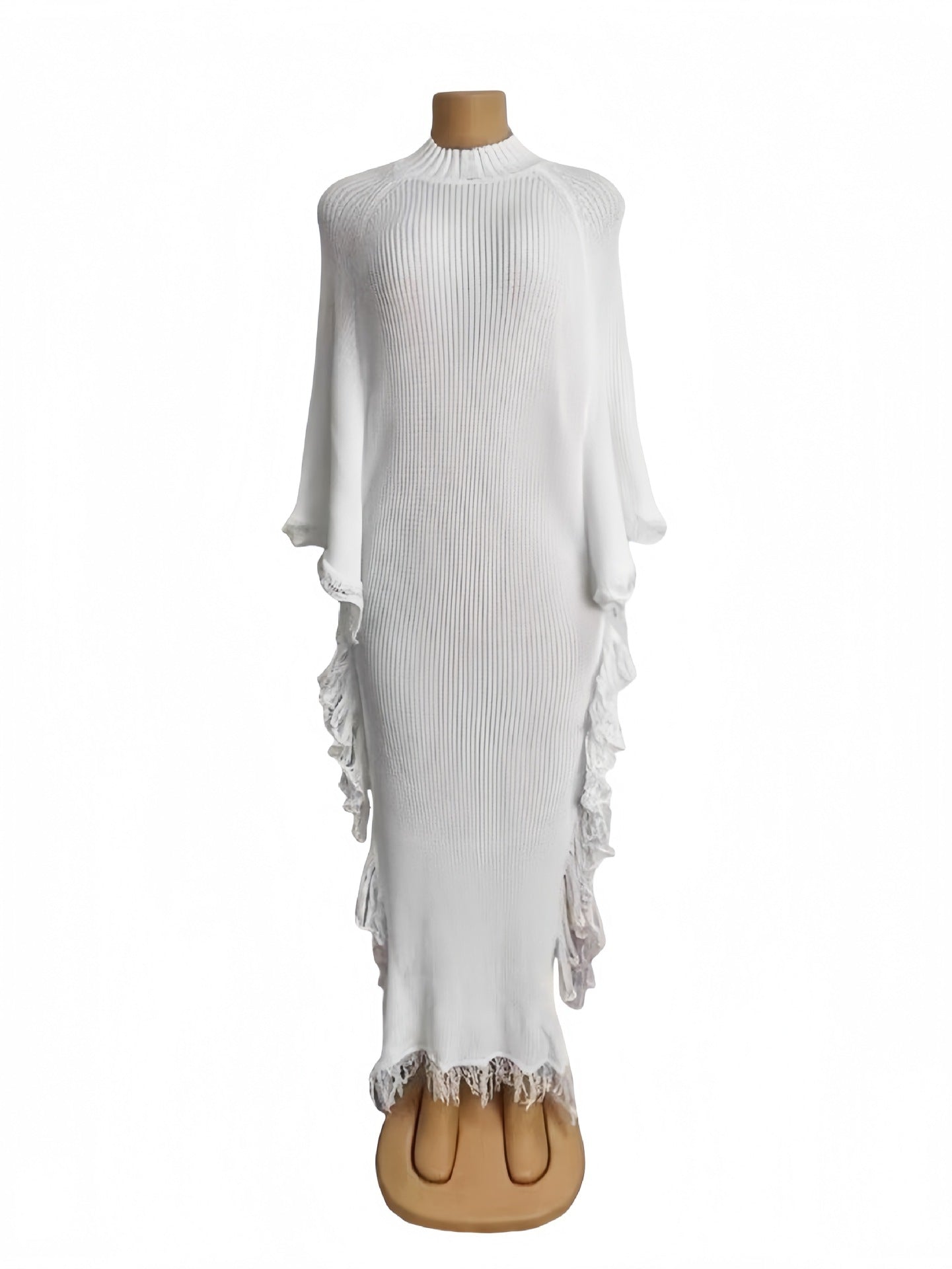 Crochet Fringe Solid Color Round Neck Bat Sleeve Long Knit Dress 7