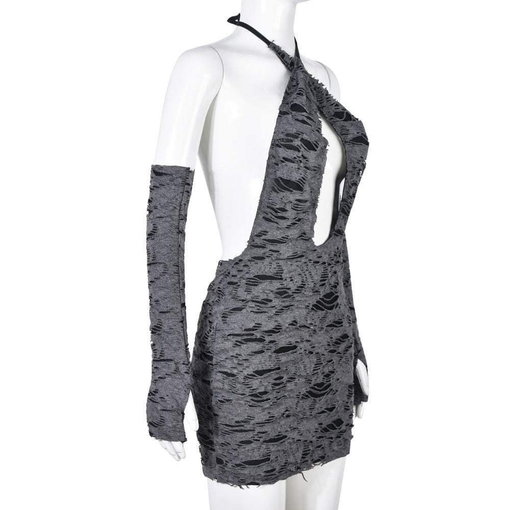 Women's Spring Ripped Halter Neck Low Back Slim Butt Lift Sexy Dress 7