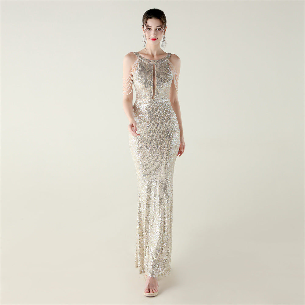 Sequin Beaded Off-Shoulder Halter Fishtail Evening Party Dress 9