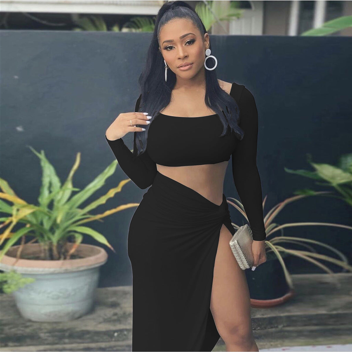 Spring Women'S Sexy Solid Long Sleeve Irregular Two-Piece Skirt Set 8