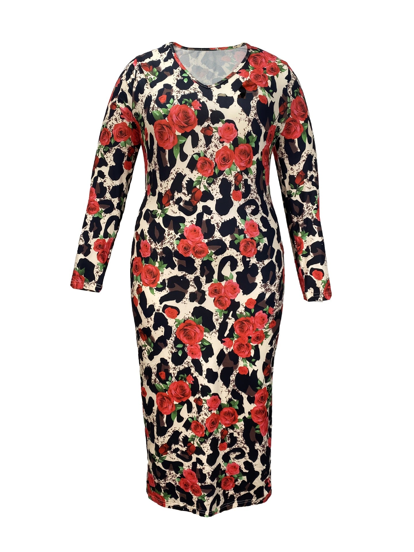 Women Printed V-Neck Long Sleeve Sexy Bodycon Dress 13