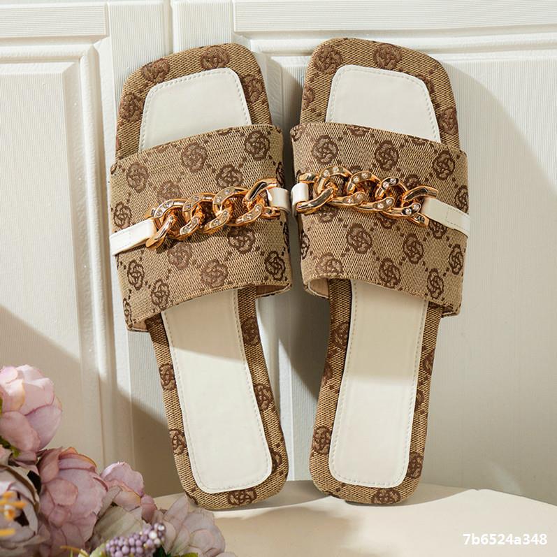 Summer Women Square Toe Rhinestone Chain Fashion Outdoor Wear Slippers Beach Sandals 3