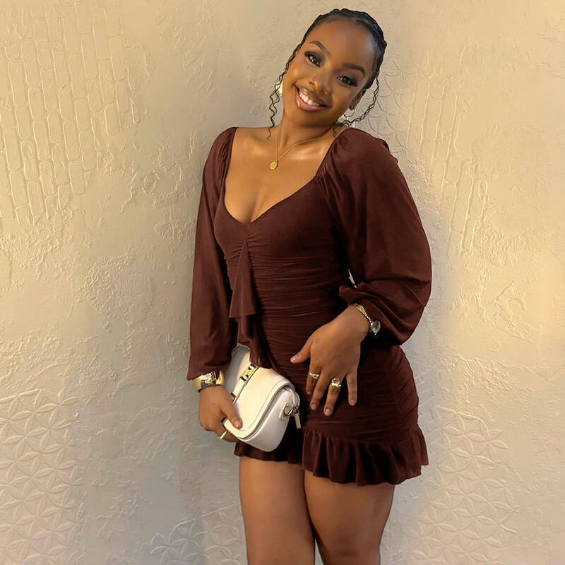 Loose Pleated U Neck Low Back Long Sleeve Dress Casual Comfort 4